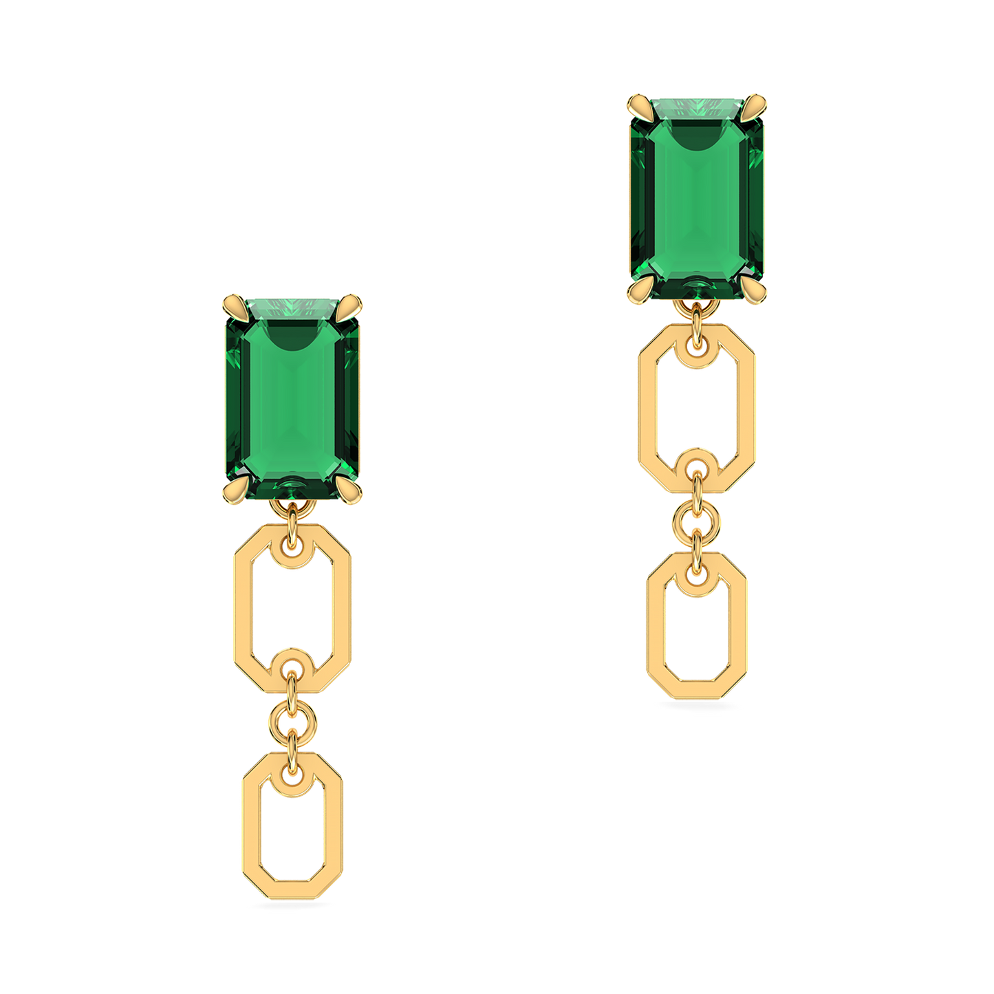 Emerald Drop Link 18K Solid Gold Earrings