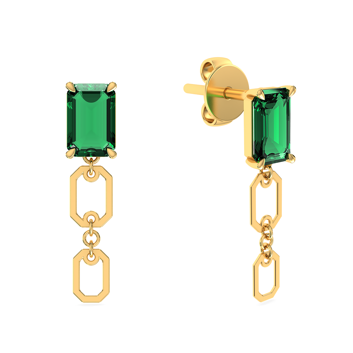 Emerald Drop Link 18K Solid Gold Earrings