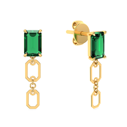 Emerald Drop Link 18K Solid Gold Earrings