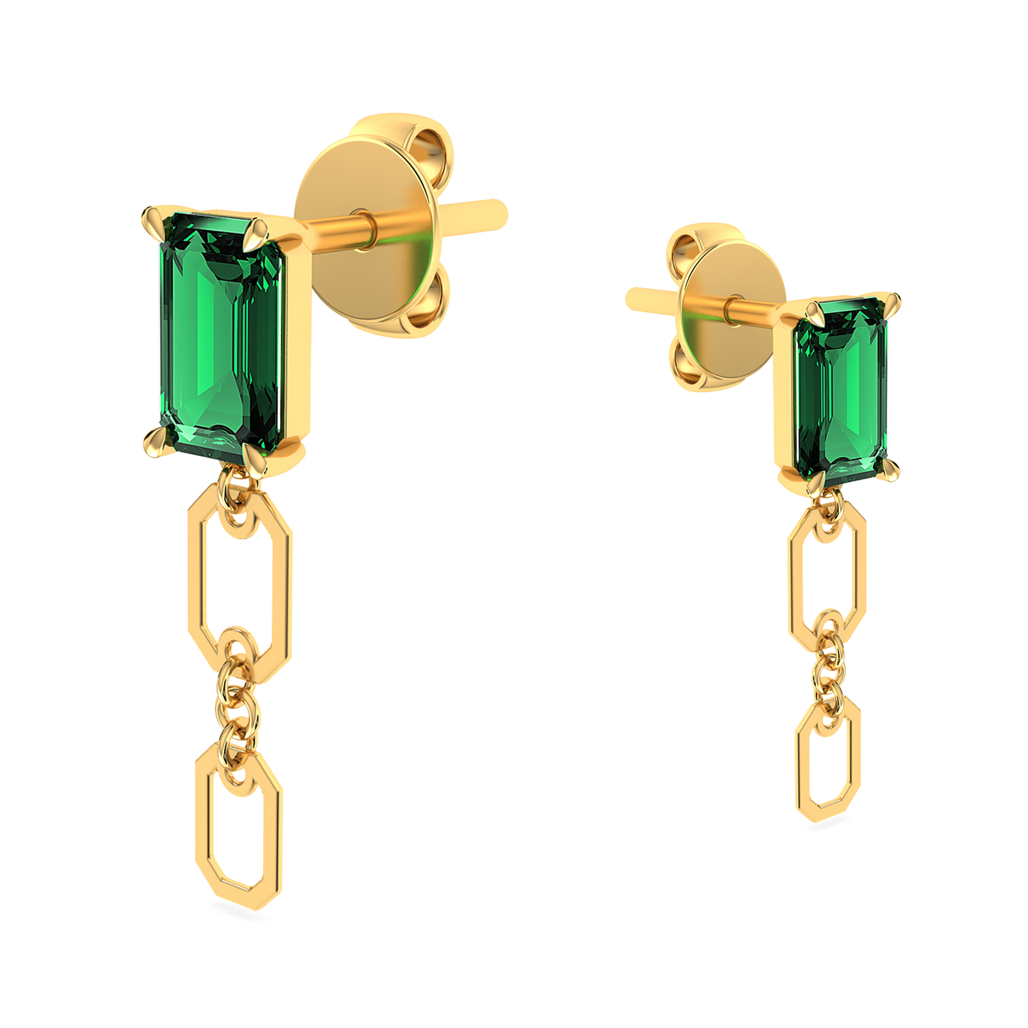 Emerald Drop Link 18K Solid Gold Earrings