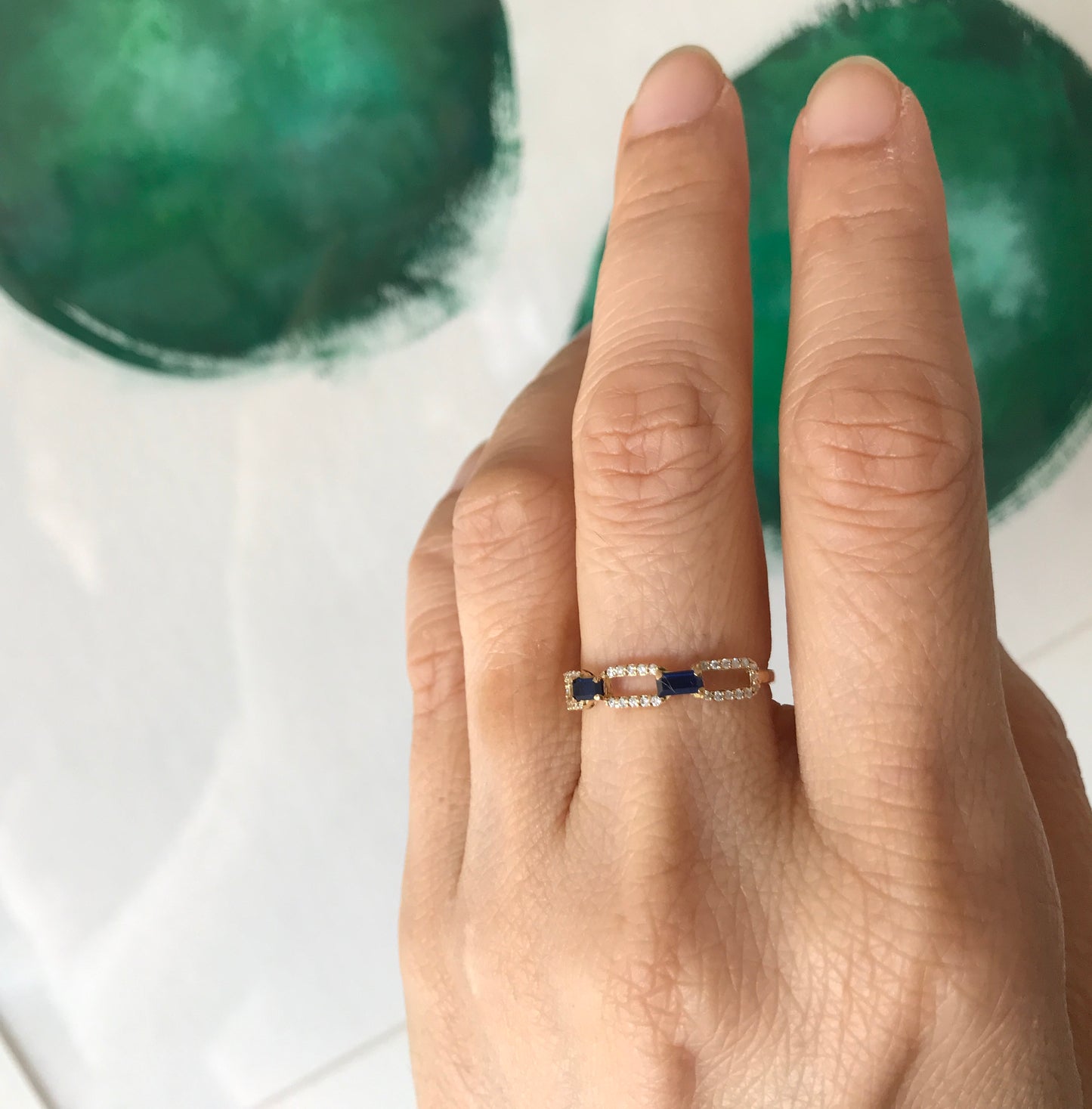 Diamond & Blue Sapphire Link Gold Ring