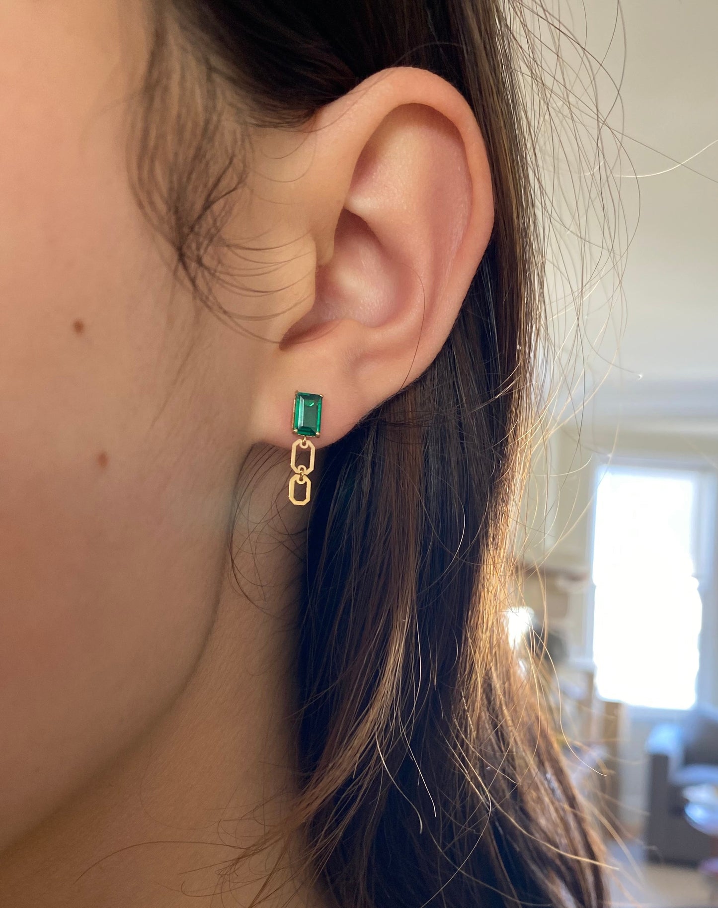 Emerald Drop Link 18K Solid Gold Earrings