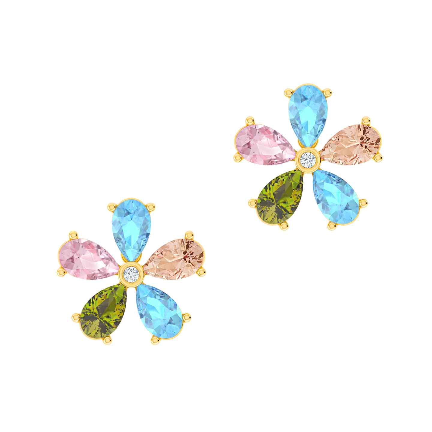 Diamond & Pastel Gemstones Gold Flower Ear Studs