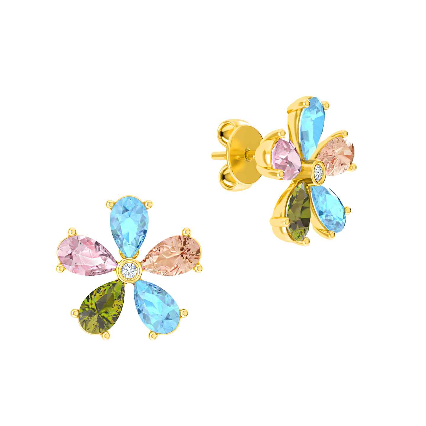 Diamond & Pastel Gemstones Gold Flower Ear Studs