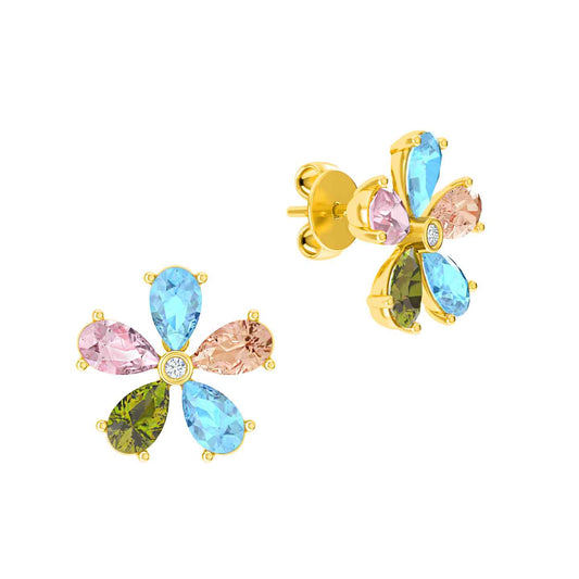 Diamond & Pastel Gemstones Gold Flower Ear Studs