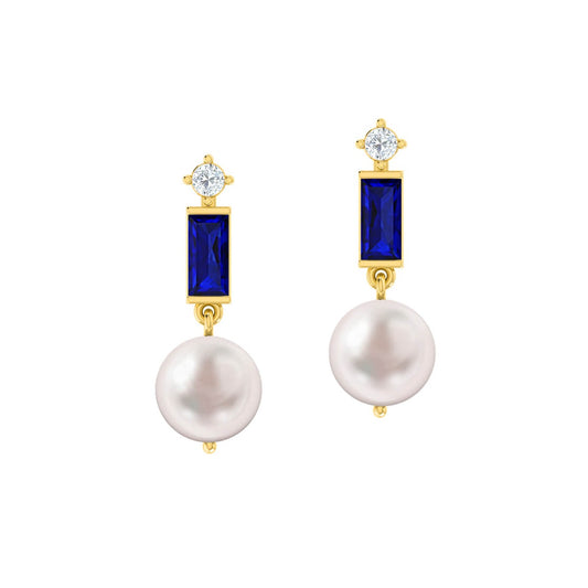 Pearl & Blue Sapphire Gold Drop Earrings