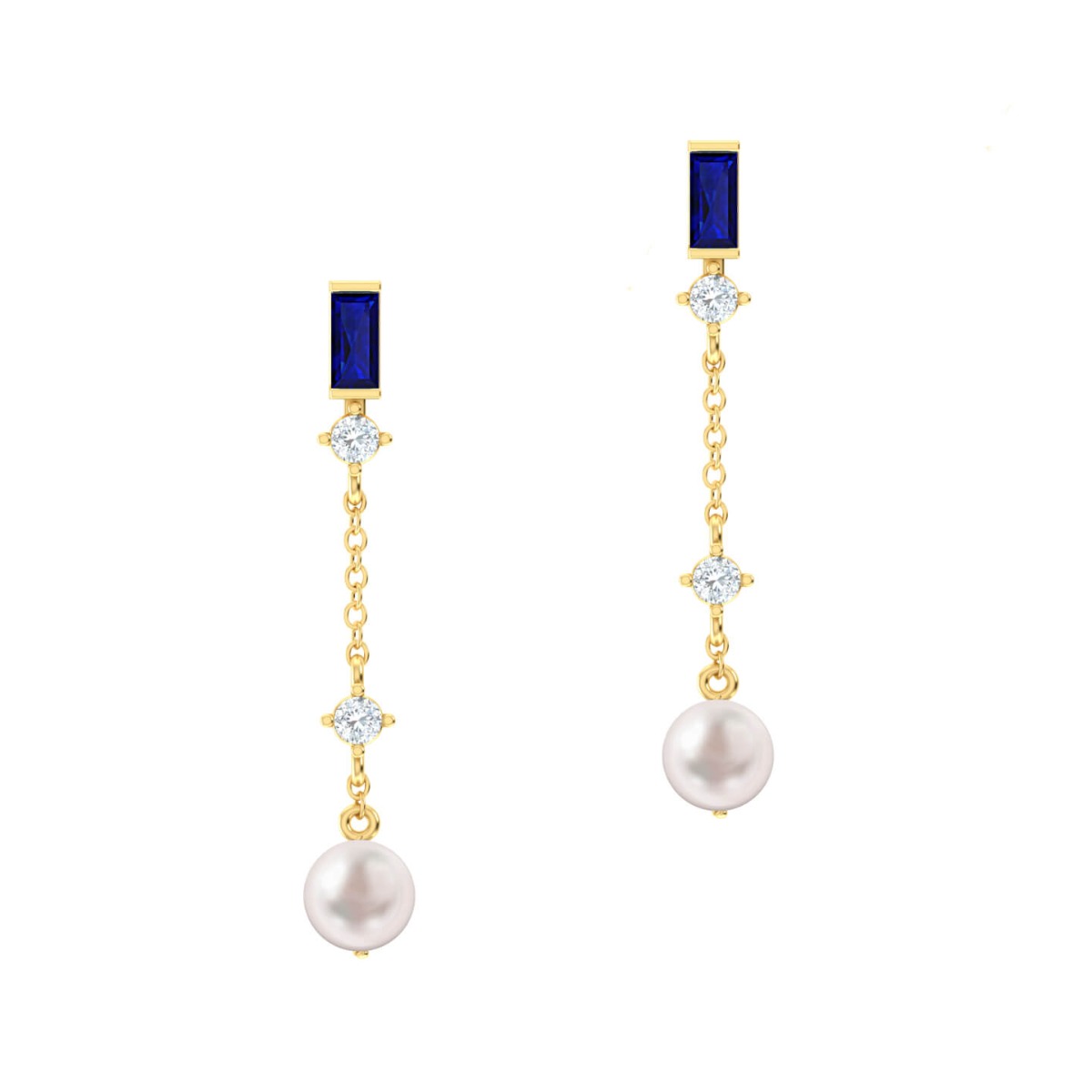 Pearl & Blue Sapphire Long Drop Gold Earrings