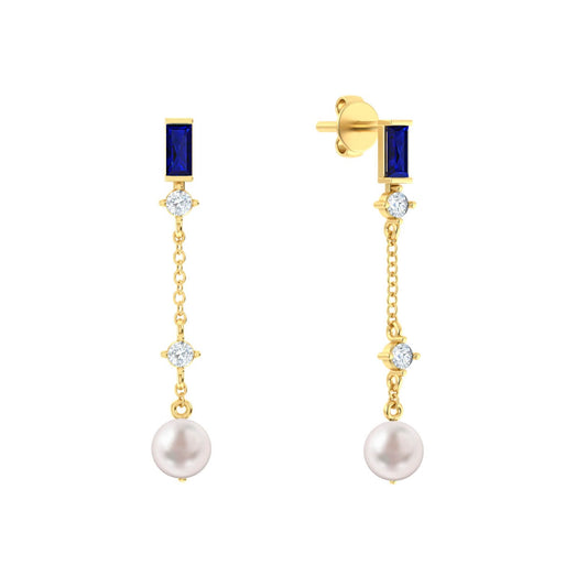 Pearl & Blue Sapphire Long Drop Gold Earrings