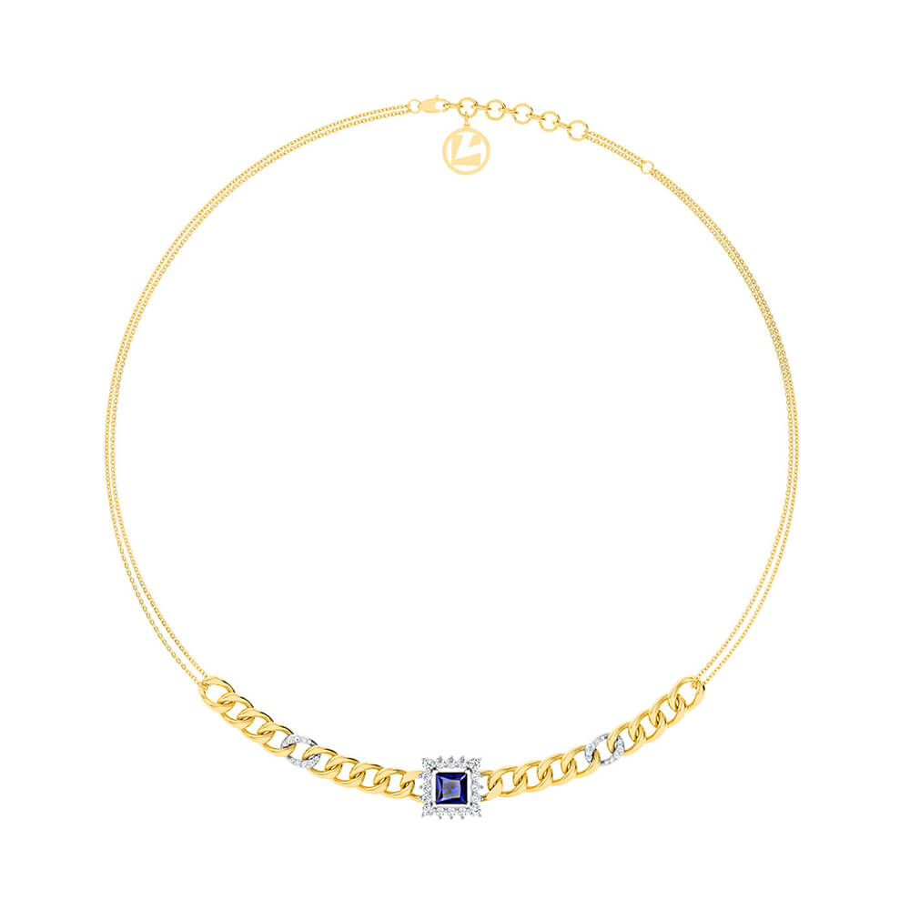 Link Chain Diamond & Blue Sapphire Necklace