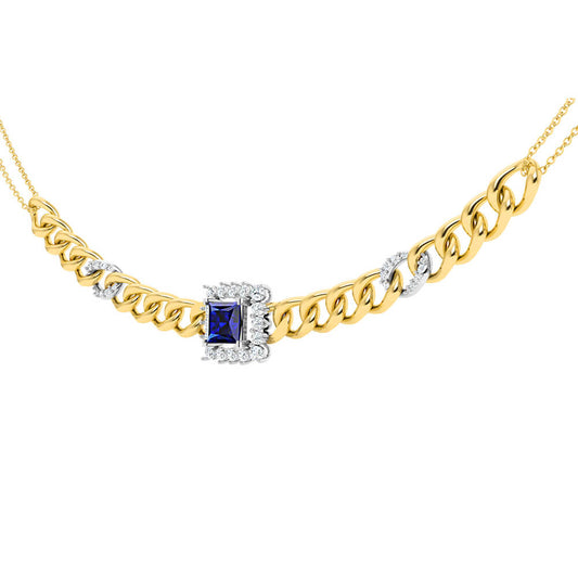 Link Chain Diamond &  Blue Sapphire Necklace