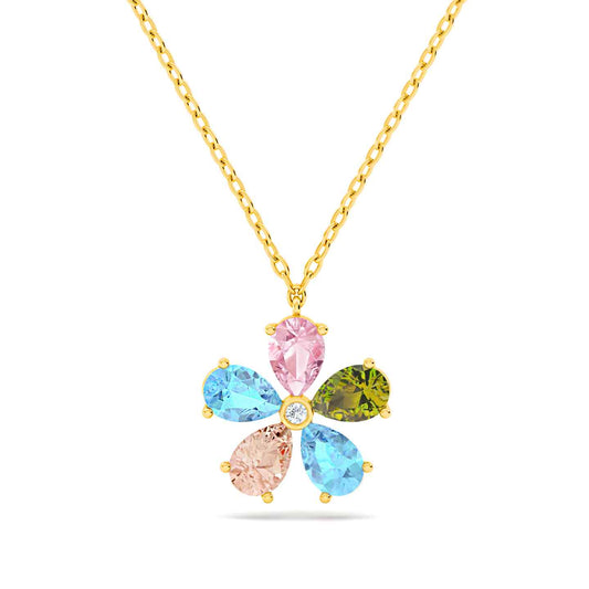 Diamond & Pastel Gemstones Gold Flower Necklace