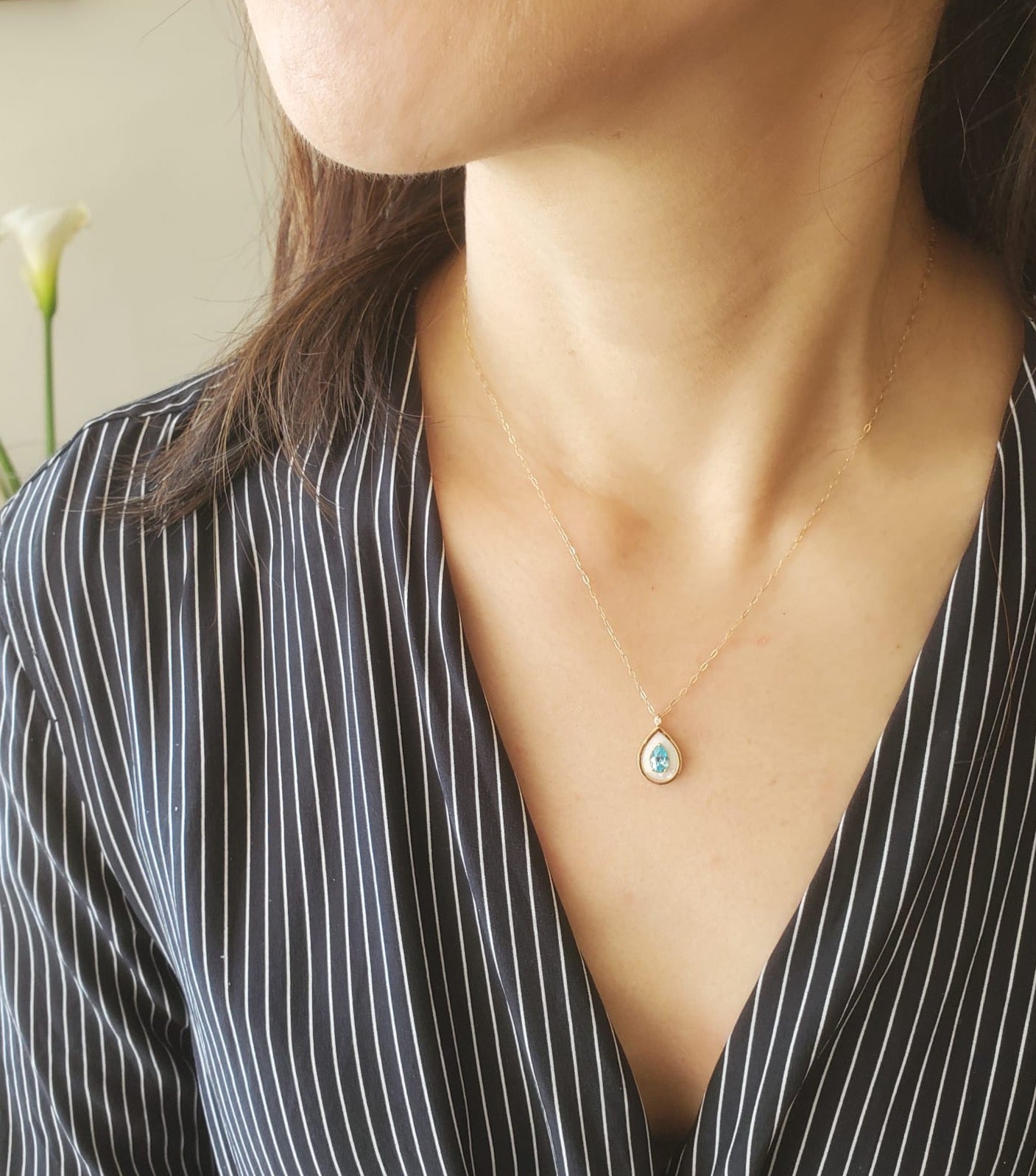 Mother-of-Pearl & Aquamarine Teardrop Necklace