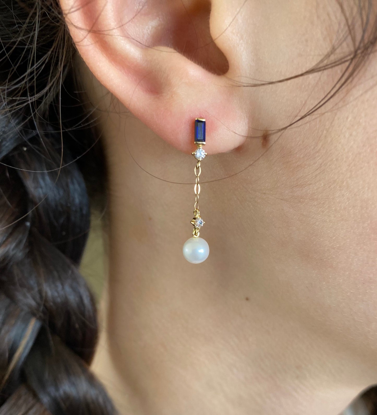 Pearl & Blue Sapphire Long Drop Gold Earrings