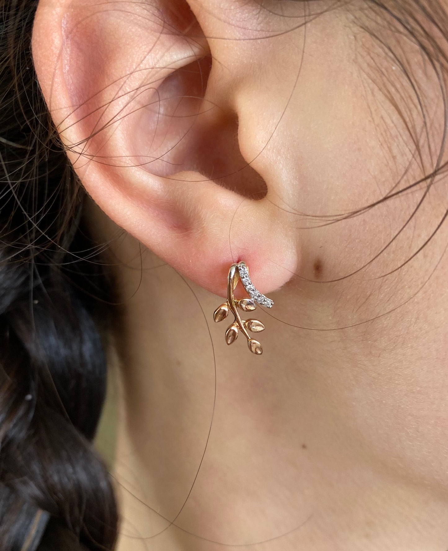 Diamond Leaf Rose Gold Ear Studs