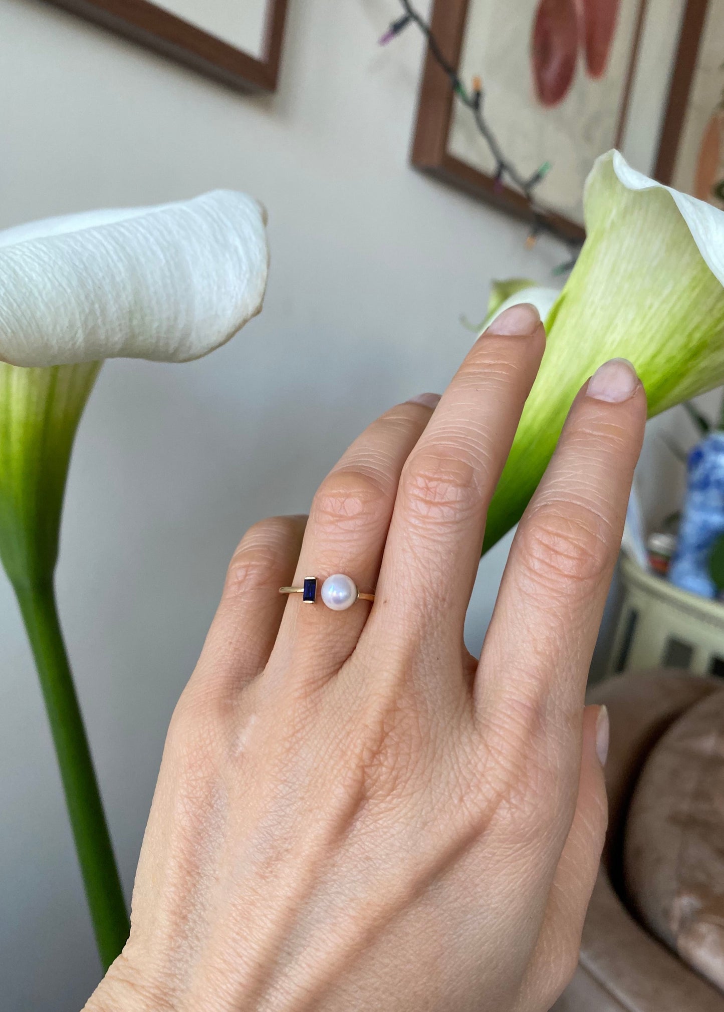 Pearl & Blue Sapphire Gold Ring