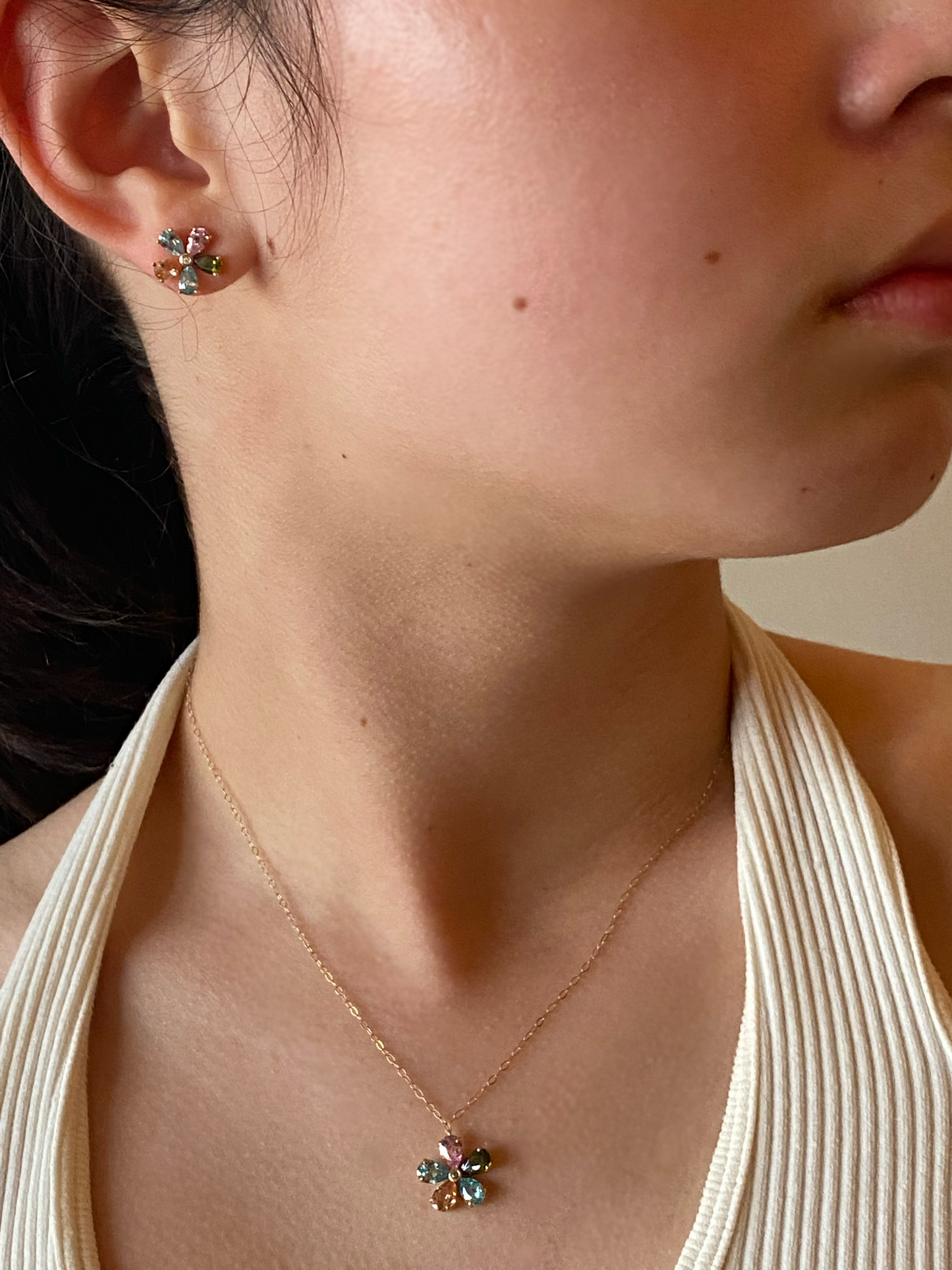 Diamond & Pastel Gemstones Gold Flower Necklace