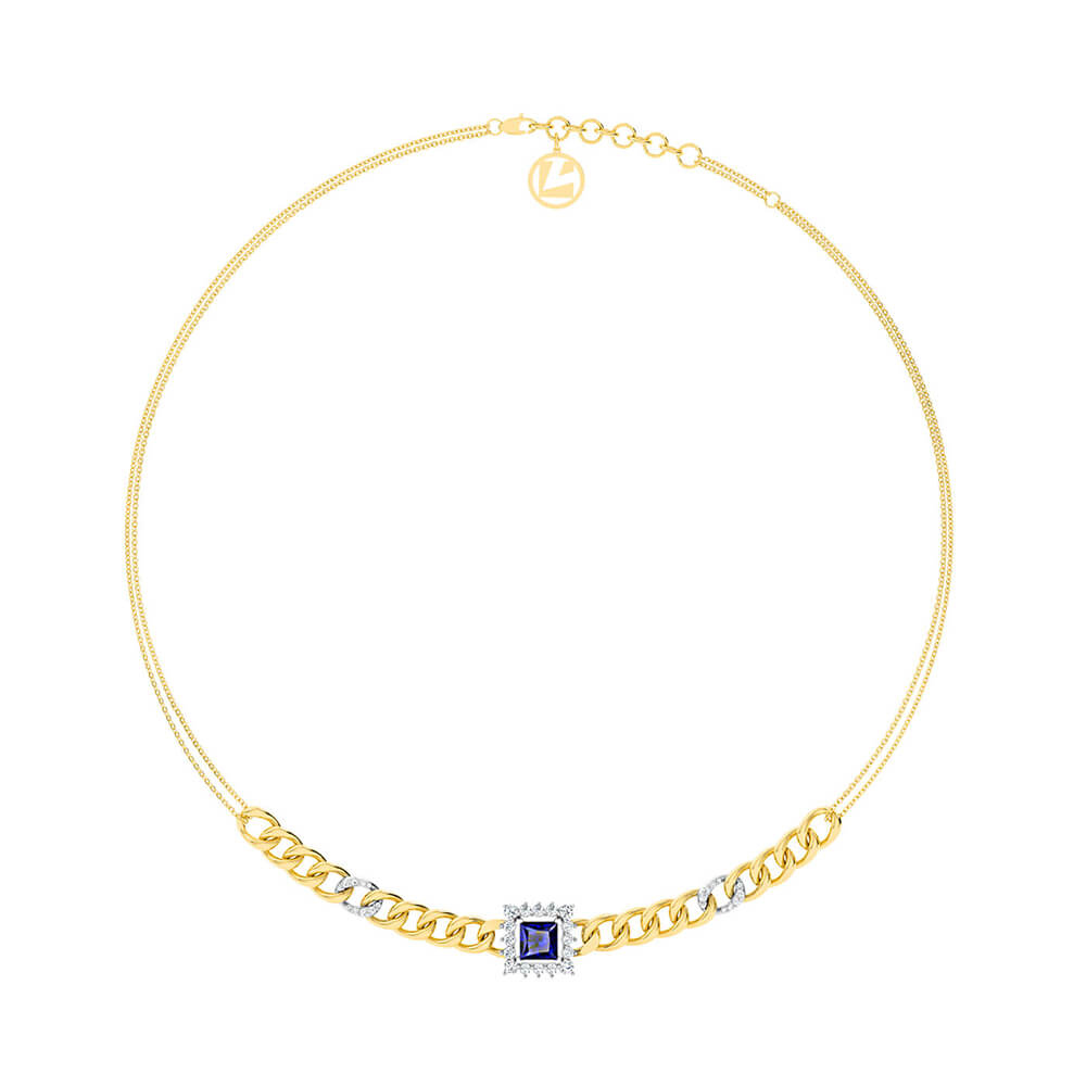 Link Chain Diamond &  Blue Sapphire Necklace